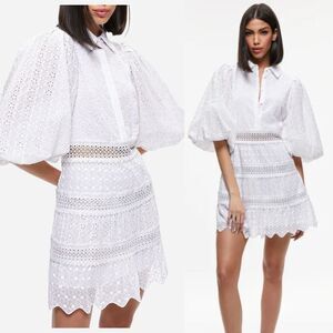 Alice + Olivia Blakesley Bishop Sleeve Button Front Eyelet White Mini Dress US 6